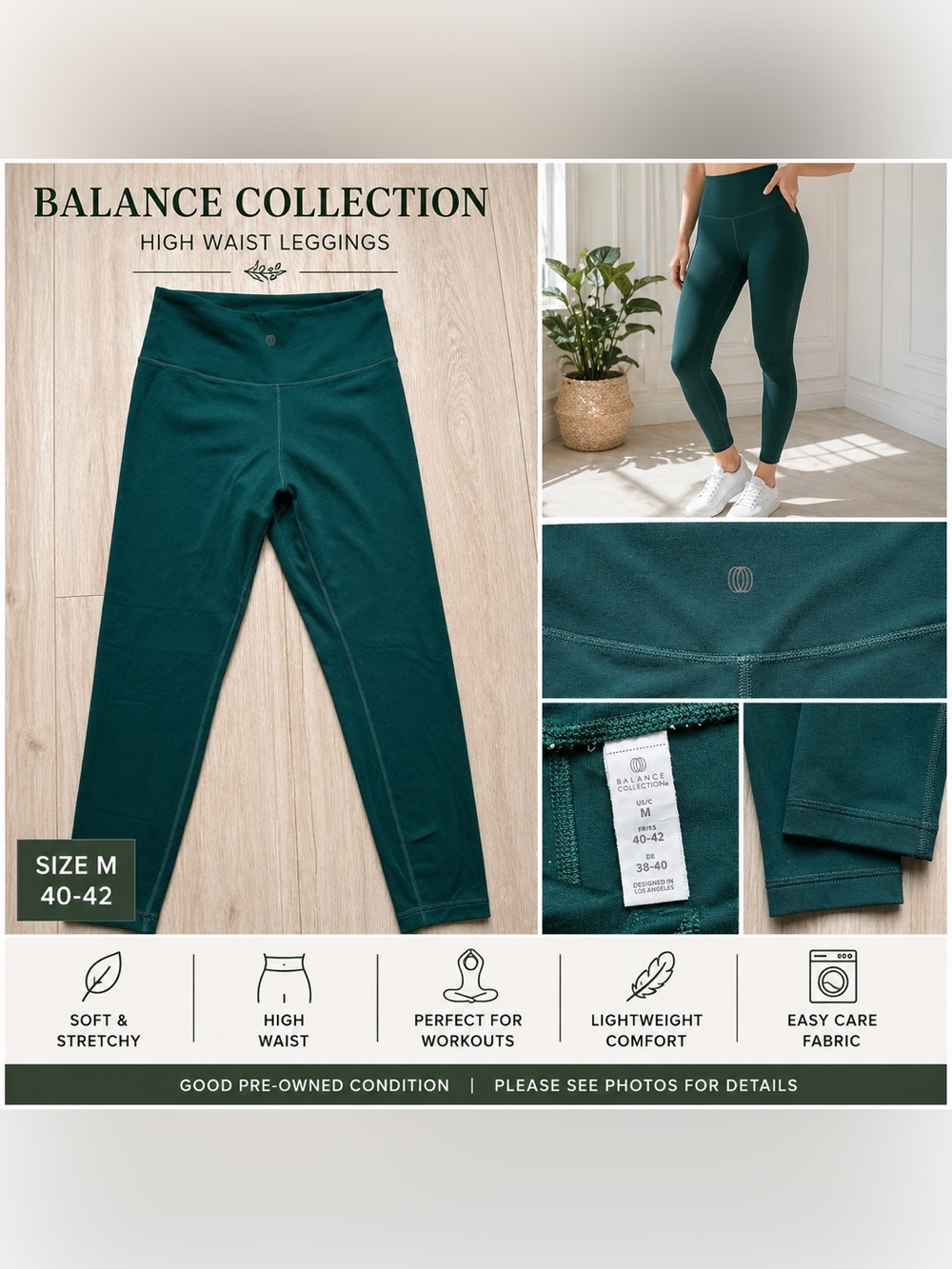 Balance Collection Green High Waisted Leggings Size M 40-42 Athletic Yoga